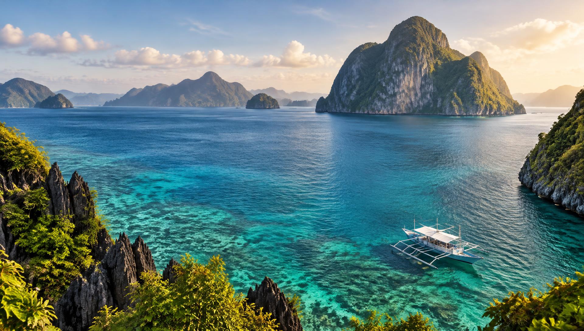 Sunlit limestone islands and an outrigger boat on the turquoise waters of Palawan